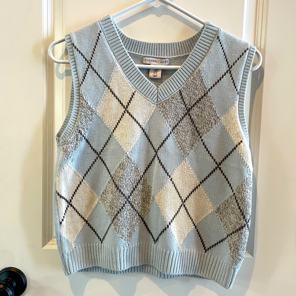 Sincerely Jules Baby Blue Argyle Sweater Vest Sz M